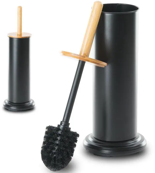 Main image of Toilet Bowl Brush and Holder, Toilet Brush with Bamboo Handle and Covered Holder, Dual Brush Options, Weighted Metal Base (Black)