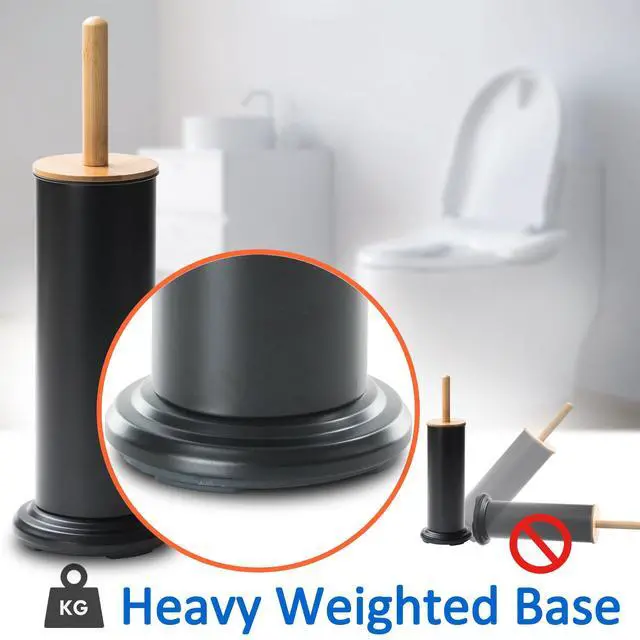 Alt view image 3 of 7 - Toilet Bowl Brush and Holder, Toilet Brush with Bamboo Handle and Covered Holder, Dual Brush Options, Weighted Metal Base (Black)