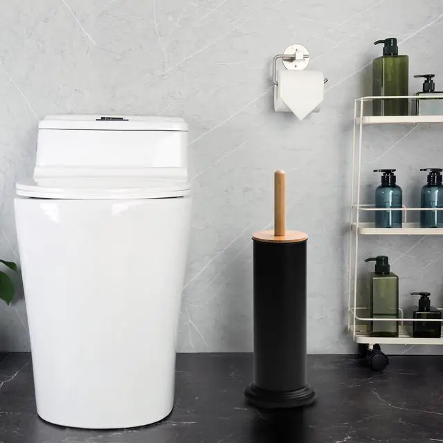 Alt view image 2 of 7 - Toilet Bowl Brush and Holder, Toilet Brush with Bamboo Handle and Covered Holder, Dual Brush Options, Weighted Metal Base (Black)