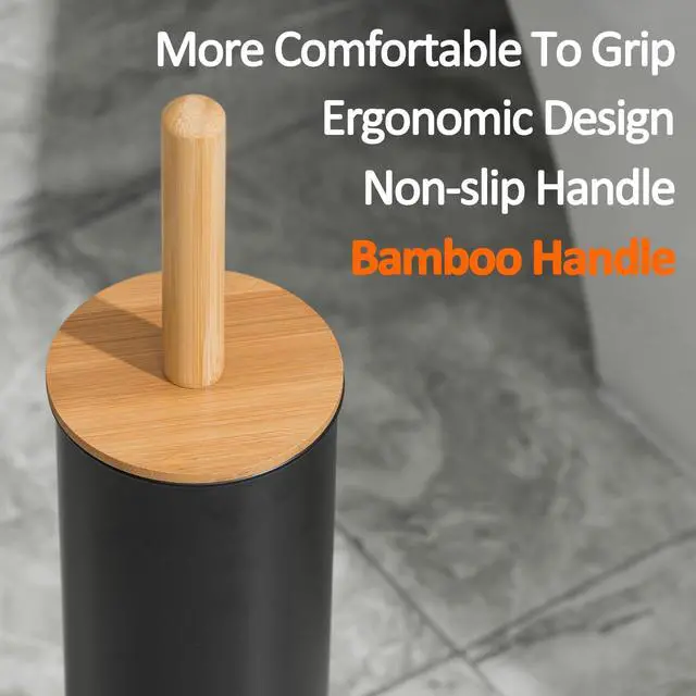 Alt view image 4 of 7 - Toilet Bowl Brush and Holder, Toilet Brush with Bamboo Handle and Covered Holder, Dual Brush Options, Weighted Metal Base (Black)
