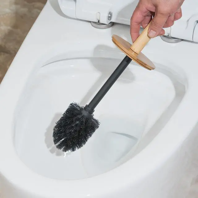 Alt view image 6 of 7 - Toilet Bowl Brush and Holder, Toilet Brush with Bamboo Handle and Covered Holder, Dual Brush Options, Weighted Metal Base (Black)