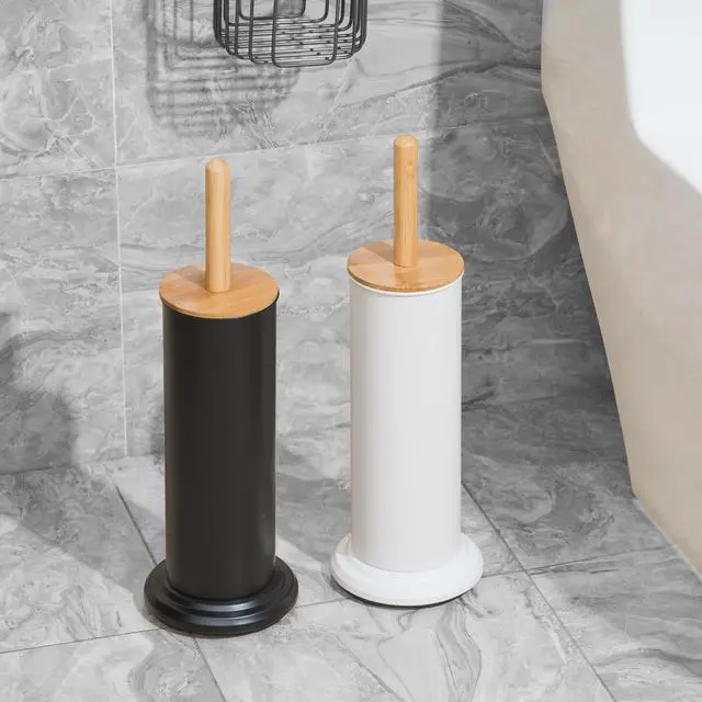 Alt view image 7 of 7 - Toilet Bowl Brush and Holder, Toilet Brush with Bamboo Handle and Covered Holder, Dual Brush Options, Weighted Metal Base (Black)