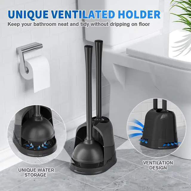 Alt view image 5 of 7 - Toilet Plunger and Brush, Silicone Bowl Brush and Heavy Duty Toilet Plunger Set with Ventilated Holder, 2-in-1 Toilet Brush and Plunger Combo for 5.3-inch Toilet Drain Bathroom Cleaning