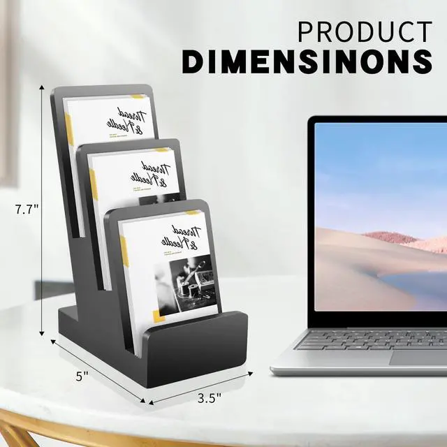 Alt view image 2 of 7 - 3-Tier Pine Wood Literature Holder Black Trifold Brochure Organizer Countertop Book Display Rack Pamphlet Display Stand Flyer Holder Literature Holder for Magazine Booklets Pamphlet Menu