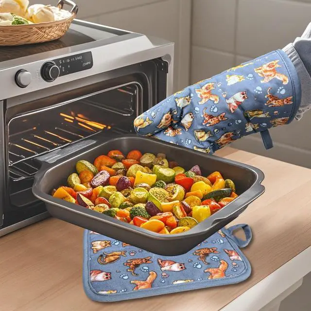 Alt view image 4 of 7 - Oven Mitts Gloves 1 Pair Heat Resistant 480 Non Slip Clear Silicone Printed Cat Comfortable Cotton Lining Kitchen Men Cooking Barbecue Machine Washable (Cat, Grey Mitts)