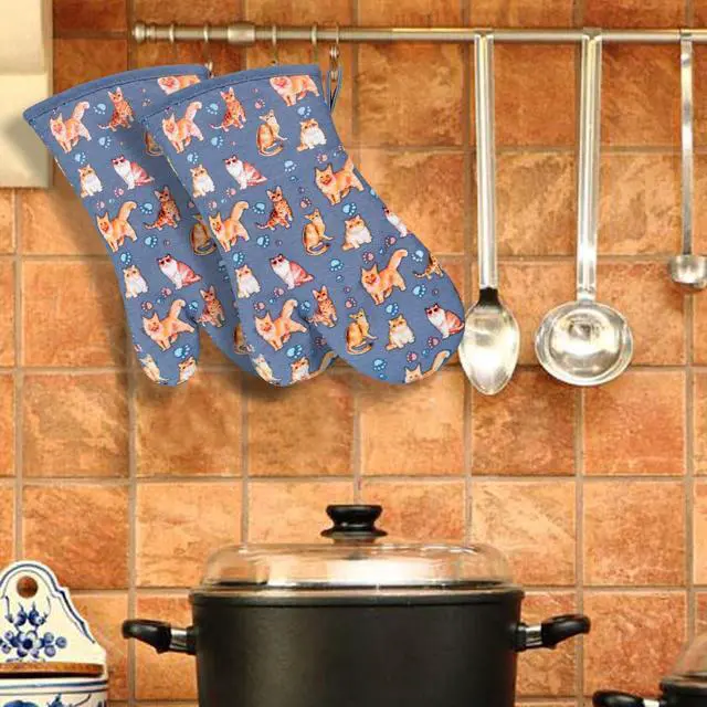 Alt view image 7 of 7 - Oven Mitts Gloves 1 Pair Heat Resistant 480 Non Slip Clear Silicone Printed Cat Comfortable Cotton Lining Kitchen Men Cooking Barbecue Machine Washable (Cat, Grey Mitts)