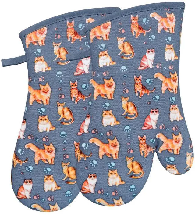 Main image of Oven Mitts Gloves 1 Pair Heat Resistant 480 Non Slip Clear Silicone Printed Cat Comfortable Cotton Lining Kitchen Men Cooking Barbecue Machine Washable (Cat, Grey Mitts)