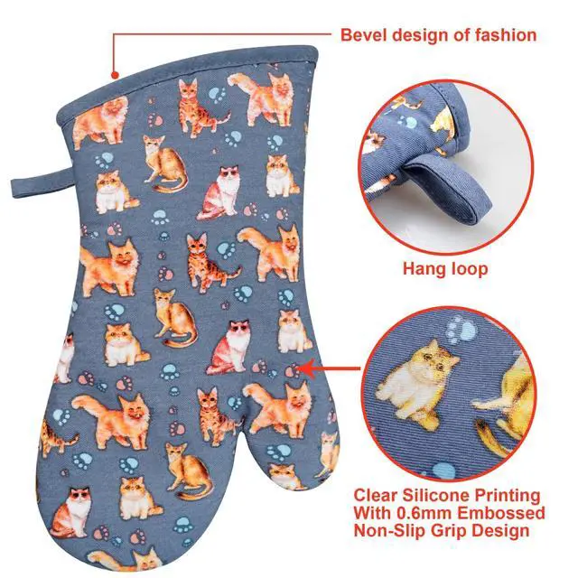 Alt view image 3 of 7 - Oven Mitts Gloves 1 Pair Heat Resistant 480 Non Slip Clear Silicone Printed Cat Comfortable Cotton Lining Kitchen Men Cooking Barbecue Machine Washable (Cat, Grey Mitts)