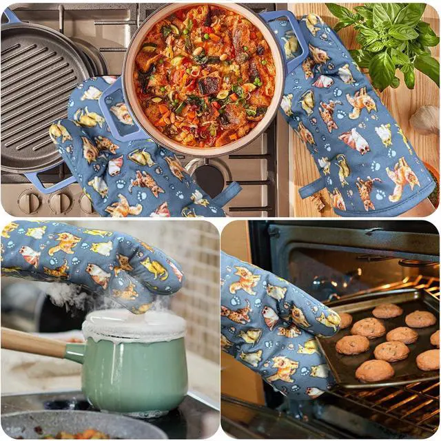 Alt view image 6 of 7 - Oven Mitts Gloves 1 Pair Heat Resistant 480 Non Slip Clear Silicone Printed Cat Comfortable Cotton Lining Kitchen Men Cooking Barbecue Machine Washable (Cat, Grey Mitts)