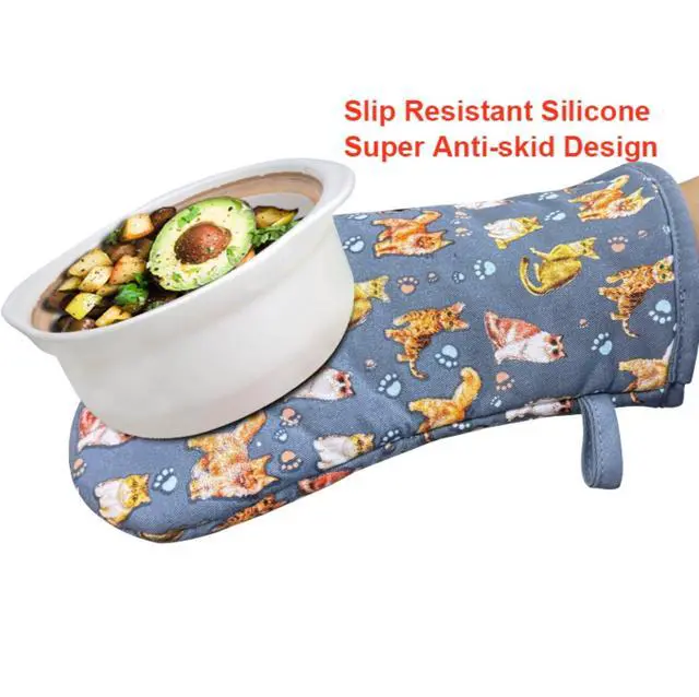 Alt view image 5 of 7 - Oven Mitts Gloves 1 Pair Heat Resistant 480 Non Slip Clear Silicone Printed Cat Comfortable Cotton Lining Kitchen Men Cooking Barbecue Machine Washable (Cat, Grey Mitts)