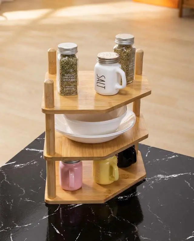 Alt view image 3 of 7 - 3-Tier Expandable Bamboo Corner Shelf - Dish/Plate Organizer for Cabinet, Kitchen Counter Shelf & Small Kitchen Shelf, Adjustable (Natural, 1-Pc 3.90" H)