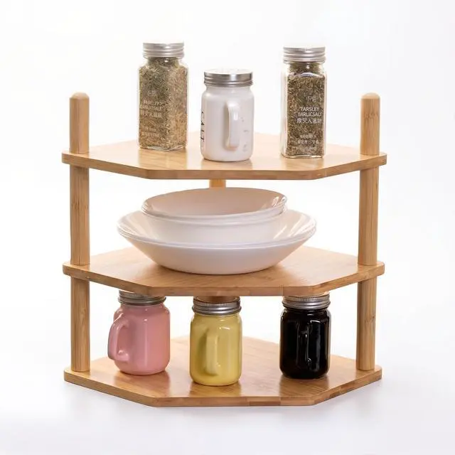 Main image of 3-Tier Expandable Bamboo Corner Shelf - Dish/Plate Organizer for Cabinet, Kitchen Counter Shelf & Small Kitchen Shelf, Adjustable (Natural, 1-Pc 3.90" H)