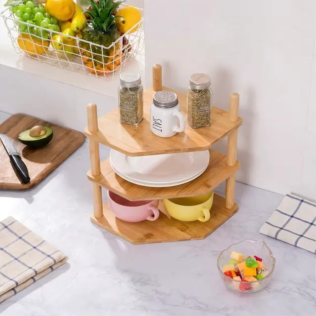Alt view image 2 of 7 - 3-Tier Expandable Bamboo Corner Shelf - Dish/Plate Organizer for Cabinet, Kitchen Counter Shelf & Small Kitchen Shelf, Adjustable (Natural, 1-Pc 3.90" H)