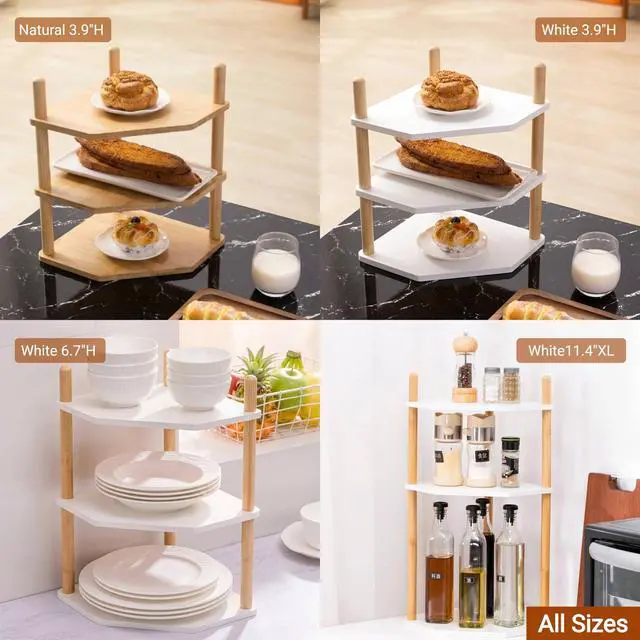 Alt view image 4 of 7 - 3-Tier Expandable Bamboo Corner Shelf - Dish/Plate Organizer for Cabinet, Kitchen Counter Shelf & Small Kitchen Shelf, Adjustable (Natural, 1-Pc 3.90" H)
