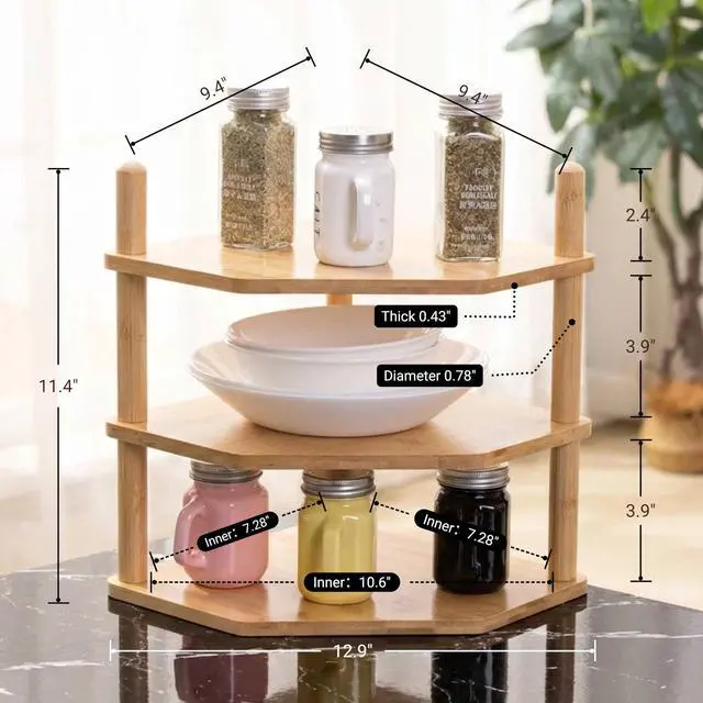 Alt view image 6 of 7 - 3-Tier Expandable Bamboo Corner Shelf - Dish/Plate Organizer for Cabinet, Kitchen Counter Shelf & Small Kitchen Shelf, Adjustable (Natural, 1-Pc 3.90" H)