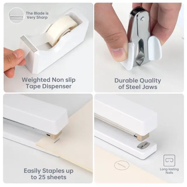 Alt view image 4 of 7 - White Office Supplies for Kids, White Desk Office Supplies and Accessories for Kids, Stapler and Tape Dispenser Set for Women, Office Gift for Women, Office Lady, Coworkers, Office Clerks, Kids
