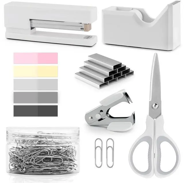 Main image of White Office Supplies for Kids, White Desk Office Supplies and Accessories for Kids, Stapler and Tape Dispenser Set for Women, Office Gift for Women, Office Lady, Coworkers, Office Clerks, Kids