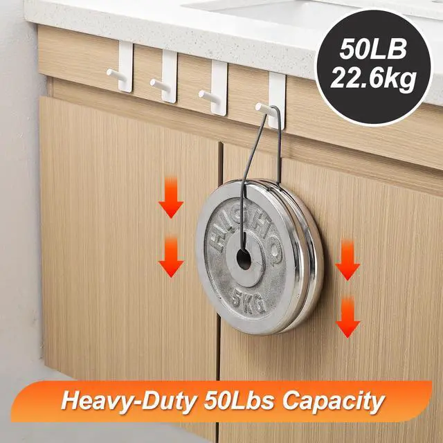 Alt view image 6 of 7 - Over The Door Hooks (4 Pack) - Heavy Duty 20mm Wide Hangers for Thick Doors, Holds 50Lbs - EVA Foam Padded No-Scratch Hooks for Cabinets & Closets, White
