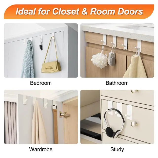 Alt view image 7 of 7 - Over The Door Hooks (4 Pack) - Heavy Duty 20mm Wide Hangers for Thick Doors, Holds 50Lbs - EVA Foam Padded No-Scratch Hooks for Cabinets & Closets, White