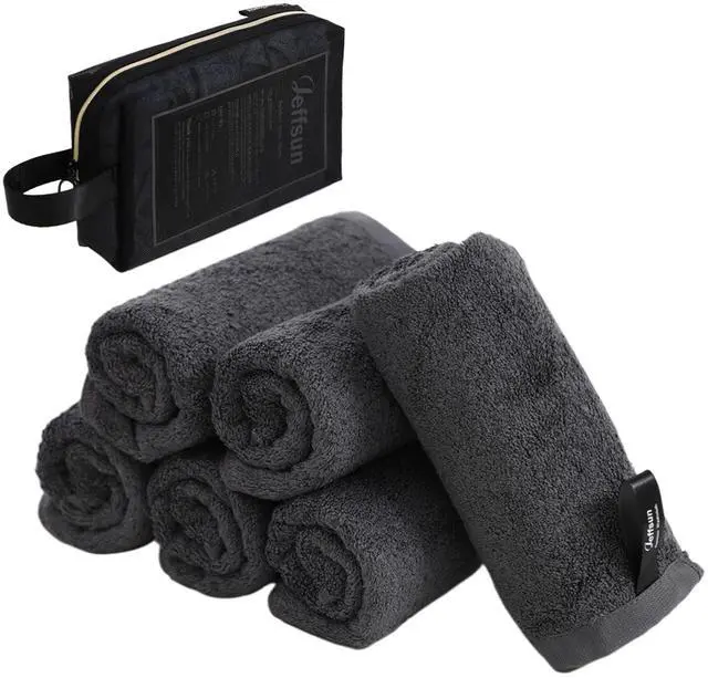 Main image of Face Towels 6 Pack with Travel Toiletry Bag, Reusable Washable Makeup Wash Cloths Set, Fast Dry Easy to Rinse Grey Face Washcloths, Super Soft & Skin Friendly 10''x10'' Small Facial Cleansing Cloth