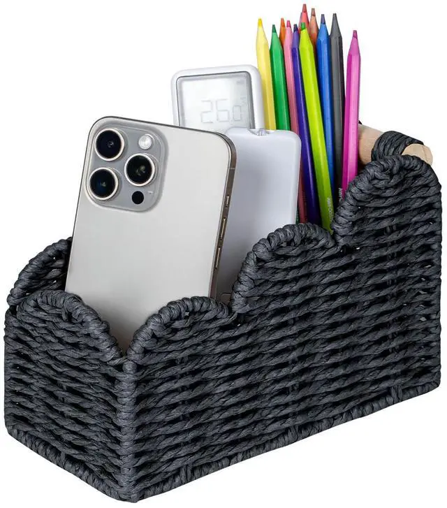 Main image of Bedside Table Desk Organizer Caddy, Remote Pen&Pencil Holder Cup, Makeup Brush Holder w/Scalloped Perfect for Home, Office Desk, Living Room Table Decor, 3 Slots Black