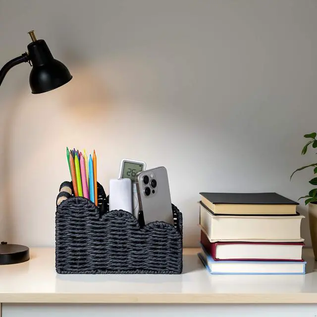 Alt view image 2 of 7 - Bedside Table Desk Organizer Caddy, Remote Pen&Pencil Holder Cup, Makeup Brush Holder w/Scalloped Perfect for Home, Office Desk, Living Room Table Decor, 3 Slots Black