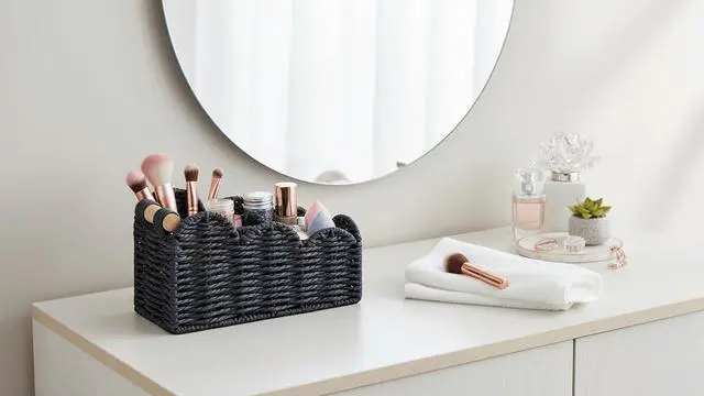 Alt view image 4 of 7 - Bedside Table Desk Organizer Caddy, Remote Pen&Pencil Holder Cup, Makeup Brush Holder w/Scalloped Perfect for Home, Office Desk, Living Room Table Decor, 3 Slots Black