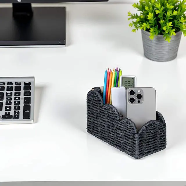 Alt view image 5 of 7 - Bedside Table Desk Organizer Caddy, Remote Pen&Pencil Holder Cup, Makeup Brush Holder w/Scalloped Perfect for Home, Office Desk, Living Room Table Decor, 3 Slots Black