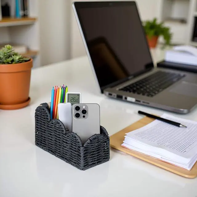 Alt view image 6 of 7 - Bedside Table Desk Organizer Caddy, Remote Pen&Pencil Holder Cup, Makeup Brush Holder w/Scalloped Perfect for Home, Office Desk, Living Room Table Decor, 3 Slots Black