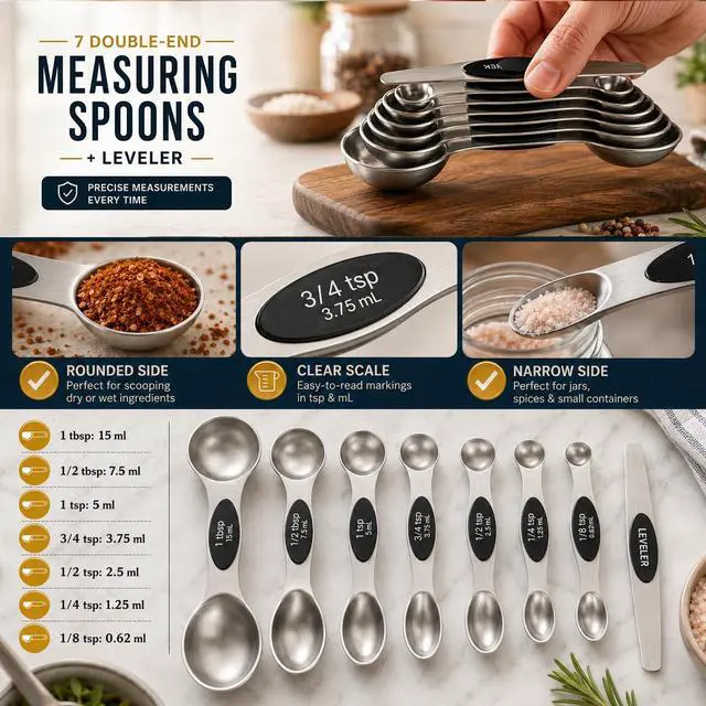 Alt view image 2 of 7 - 16 Pieces Measuring Cups and Magnetic Measuring Spoons Set Stainless Steel,8 Measure Cups with Silicone Handle and 7 Double Sided Magnetic Measure Spoons & 1 Leveler