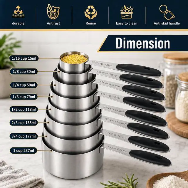 Alt view image 3 of 7 - 16 Pieces Measuring Cups and Magnetic Measuring Spoons Set Stainless Steel,8 Measure Cups with Silicone Handle and 7 Double Sided Magnetic Measure Spoons & 1 Leveler