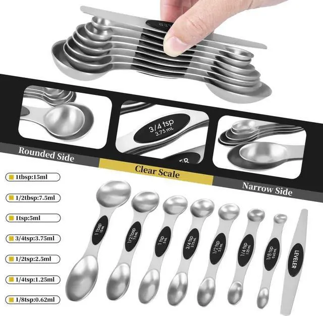 Alt view image 4 of 7 - 16 Pieces Measuring Cups and Magnetic Measuring Spoons Set Stainless Steel,8 Measure Cups with Silicone Handle and 7 Double Sided Magnetic Measure Spoons & 1 Leveler