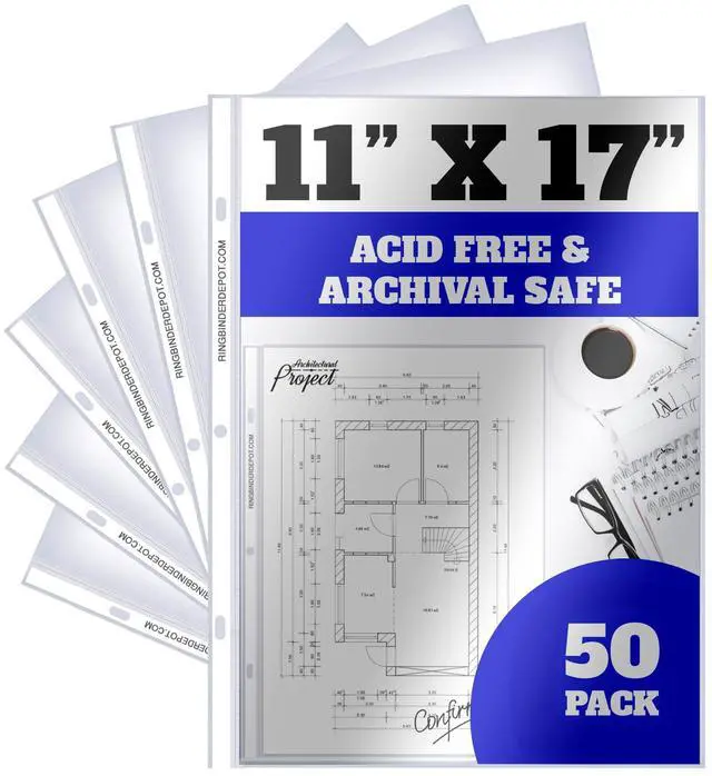 Main image of 11 x 17 Sheet Protectors with 90 Microns Thick, Portrait View, Top Loading, Protect, Store and Display 11X17 Paper, Photographs, Prints, and Documents, 50 Pack