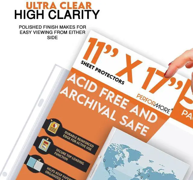 Alt view image 2 of 7 - 11 x 17 Sheet Protectors with 90 Microns Thick, Portrait View, Top Loading, Protect, Store and Display 11X17 Paper, Photographs, Prints, and Documents, 50 Pack