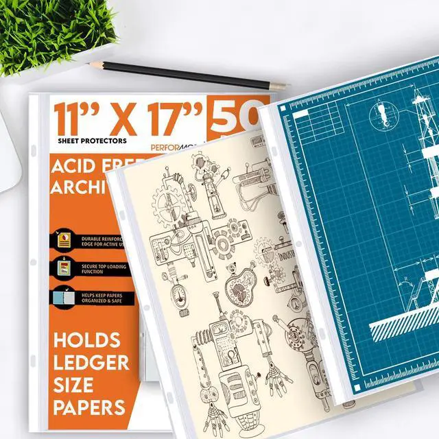 Alt view image 6 of 7 - 11 x 17 Sheet Protectors with 90 Microns Thick, Portrait View, Top Loading, Protect, Store and Display 11X17 Paper, Photographs, Prints, and Documents, 50 Pack