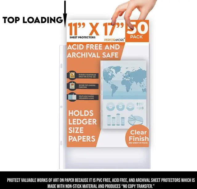 Alt view image 5 of 7 - 11 x 17 Sheet Protectors with 90 Microns Thick, Portrait View, Top Loading, Protect, Store and Display 11X17 Paper, Photographs, Prints, and Documents, 50 Pack