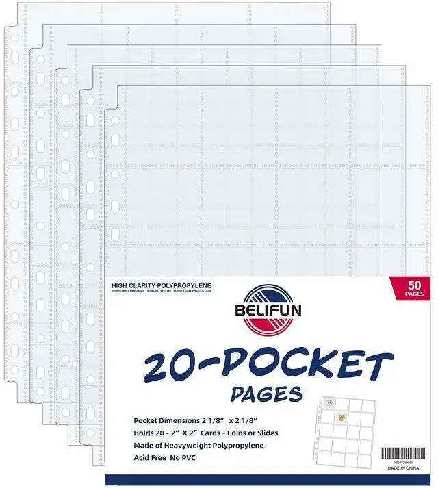 Main image of 50ct 20-Pocket Coin Pages - Coin Pocket Pages for 2 x 2 Inch Cardboard Coin Holders, 11 Holes for Coin Binder, Coin Collecting Album Protectors, Coin Collection Storage