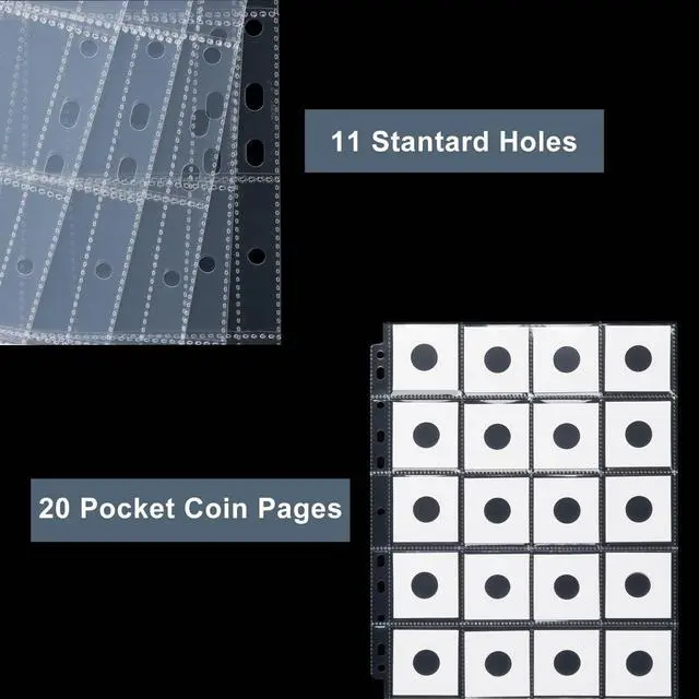 Alt view image 3 of 6 - 50ct 20-Pocket Coin Pages - Coin Pocket Pages for 2 x 2 Inch Cardboard Coin Holders, 11 Holes for Coin Binder, Coin Collecting Album Protectors, Coin Collection Storage