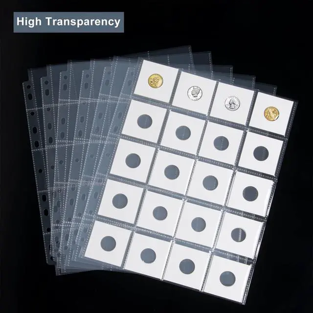 Alt view image 4 of 6 - 50ct 20-Pocket Coin Pages - Coin Pocket Pages for 2 x 2 Inch Cardboard Coin Holders, 11 Holes for Coin Binder, Coin Collecting Album Protectors, Coin Collection Storage