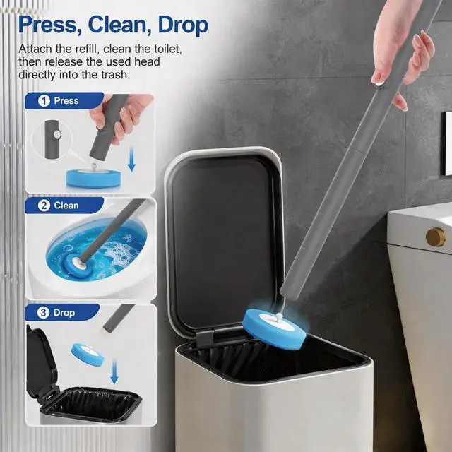 Alt view image 3 of 7 - Disposable Toilet Brush with 32 Refills,Wall Mounted Toilet Wand and Holder Set, Deep Bathroom Cleaning Toilet Bowl Cleaner with Storage Holder