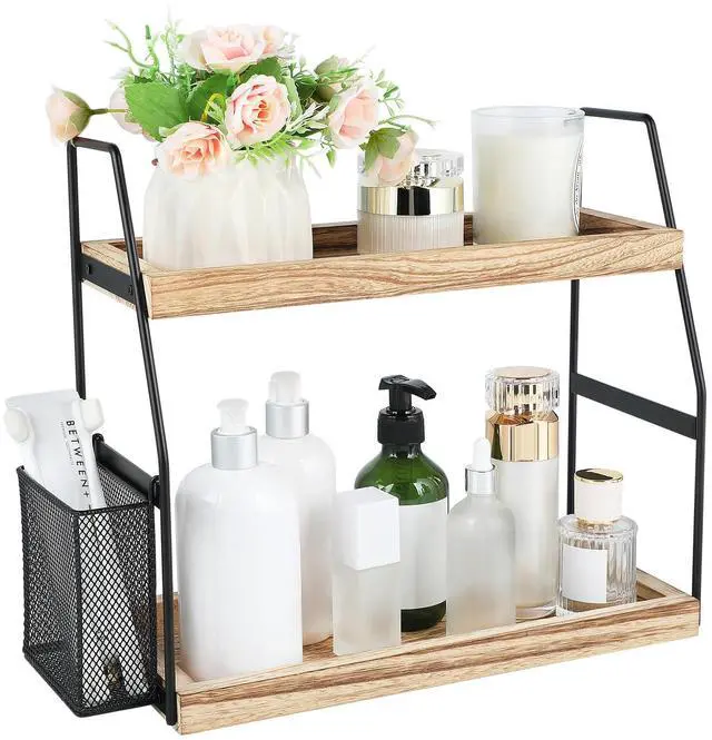 Main image of Bathroom Counter Organizer, 2-Tier Standing Storage Shelf with Basket, Wood Tray for Skincare Vanity Organizer