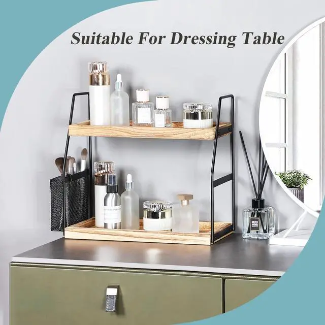 Alt view image 3 of 7 - Bathroom Counter Organizer, 2-Tier Standing Storage Shelf with Basket, Wood Tray for Skincare Vanity Organizer