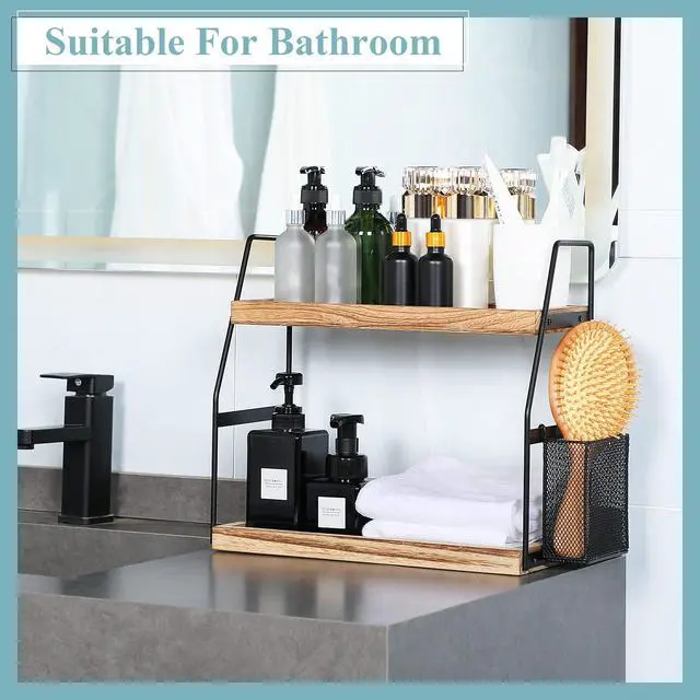 Alt view image 2 of 7 - Bathroom Counter Organizer, 2-Tier Standing Storage Shelf with Basket, Wood Tray for Skincare Vanity Organizer