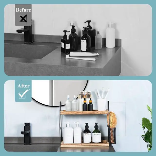 Alt view image 4 of 7 - Bathroom Counter Organizer, 2-Tier Standing Storage Shelf with Basket, Wood Tray for Skincare Vanity Organizer
