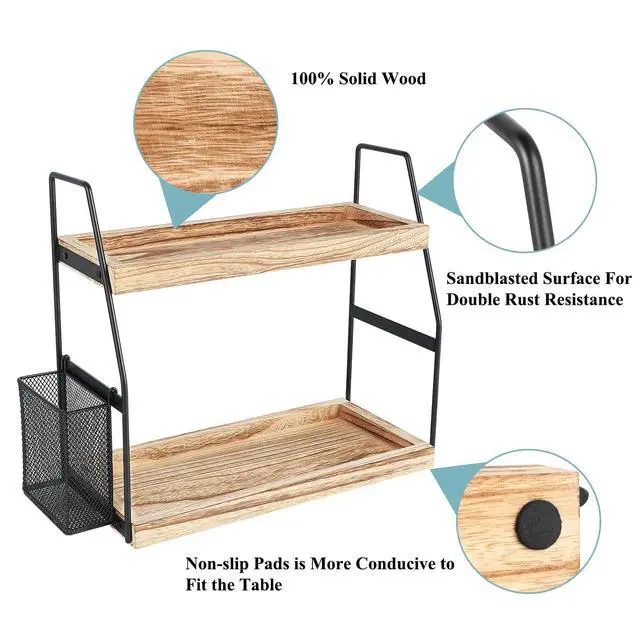 Alt view image 5 of 7 - Bathroom Counter Organizer, 2-Tier Standing Storage Shelf with Basket, Wood Tray for Skincare Vanity Organizer
