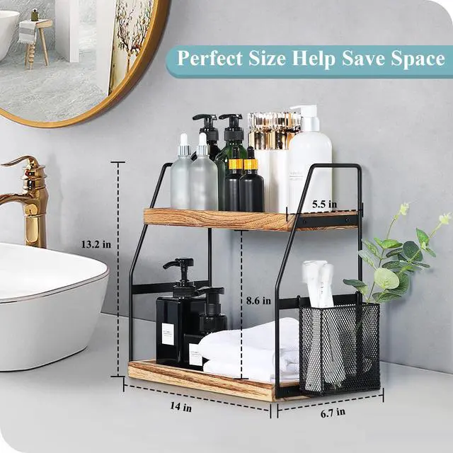Alt view image 6 of 7 - Bathroom Counter Organizer, 2-Tier Standing Storage Shelf with Basket, Wood Tray for Skincare Vanity Organizer