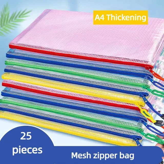 Alt view image 2 of 6 - 25-Piece Zippered Mesh Document Bags, Plastic Envelope Bags, 5 Color A4 Size, School Office Supplies, Cosmetics Travel Storage, Company Letters