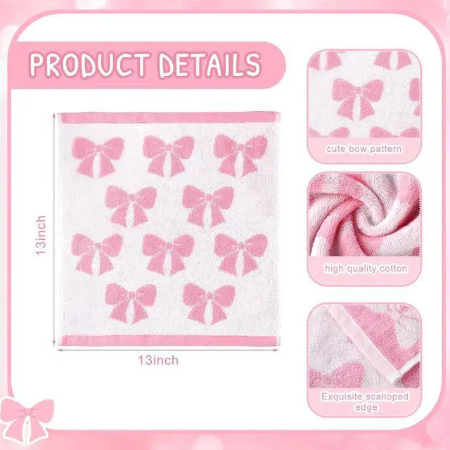 Alt view image 2 of 7 - 6 Pcs Pink Bow Washcloths 100% Cotton Wash Cloths 13" x 13" Coquette Small Face Towels Absorbent Soft Hand Bath Towels for Bathroom, Spa, Kitchen Drying Cleaning(Cute Style)