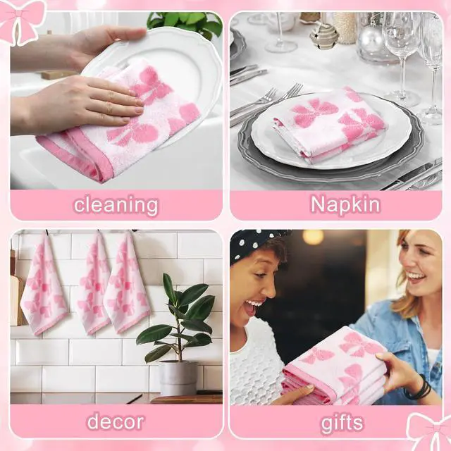 Alt view image 7 of 7 - 6 Pcs Pink Bow Washcloths 100% Cotton Wash Cloths 13" x 13" Coquette Small Face Towels Absorbent Soft Hand Bath Towels for Bathroom, Spa, Kitchen Drying Cleaning(Cute Style)