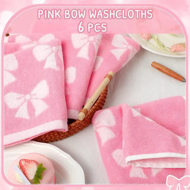 Alt view image 5 of 7 - 6 Pcs Pink Bow Washcloths 100% Cotton Wash Cloths 13" x 13" Coquette Small Face Towels Absorbent Soft Hand Bath Towels for Bathroom, Spa, Kitchen Drying Cleaning(Cute Style)